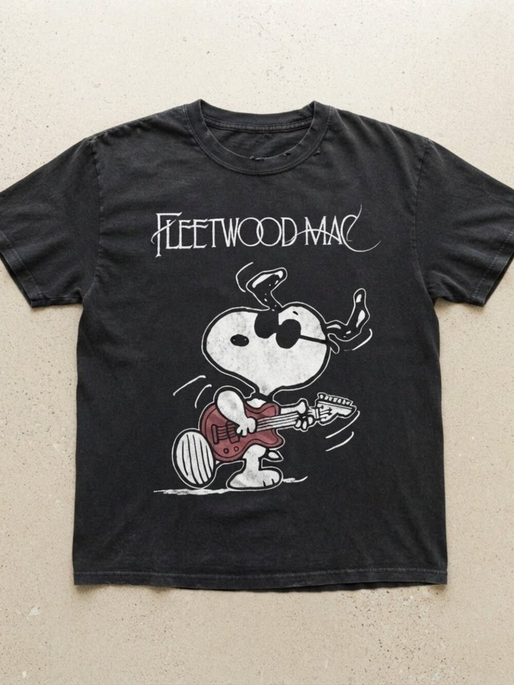 Fleetwood Mac Snoopy Playing Guitar T-Shirt, Black Vintage Wash Peanuts Band Tee